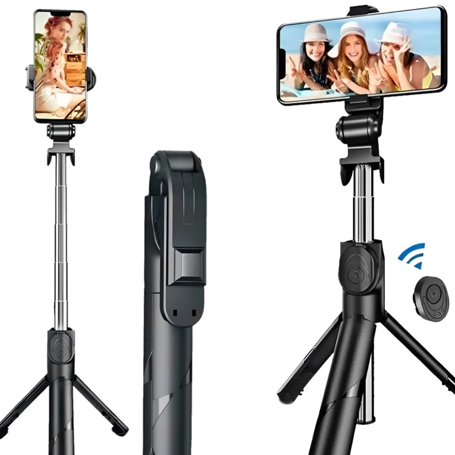 Bastão de selfie aberto na vertical com o celular preso, e fechado ao lado mostrando o controle Bluetooth destacável
