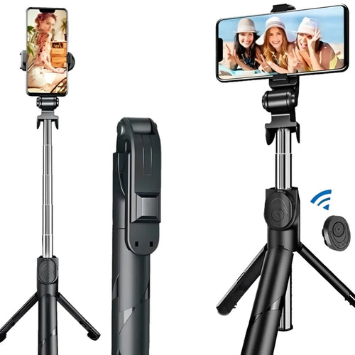 Bastão de selfie aberto na vertical com o celular preso, e fechado ao lado mostrando o controle Bluetooth destacável