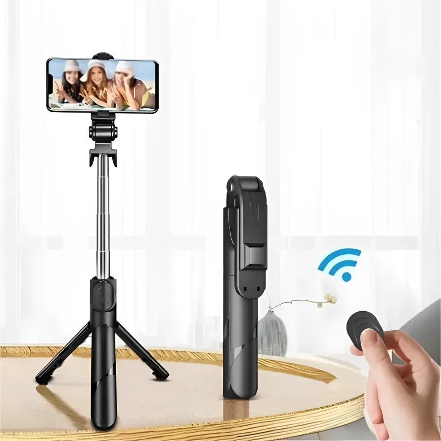 Bastão de selfie aberto como tripé ao lado do controle remoto Bluetooth destacável, com o símbolo de conexão sem fio