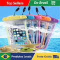 5 capas impermeáveis para celular em cores sortidas, penduradas na praia com o celular por dentro