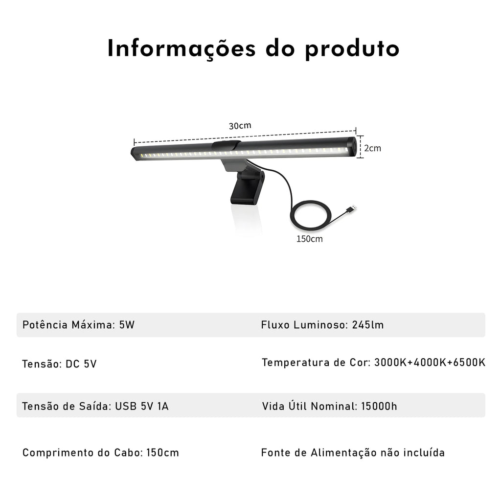 Informações do produto: 30 cm de comprimento, 2 cm de altura, cabo USB de 150 cm, 5 W, 245 lm, 3 temperaturas de cor