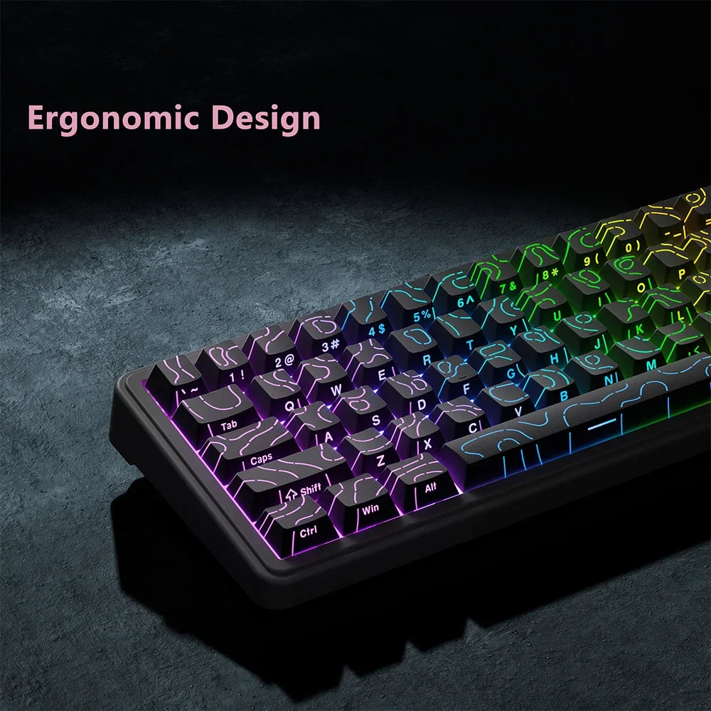 Teclado com keycaps pretas topográficas e iluminação RGB