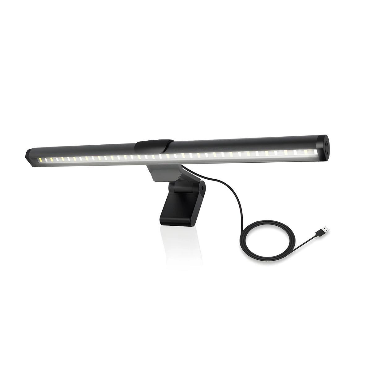 Barra de luz para monitor na cor grafite, acesa, com o clipe de fixação e o cabo USB