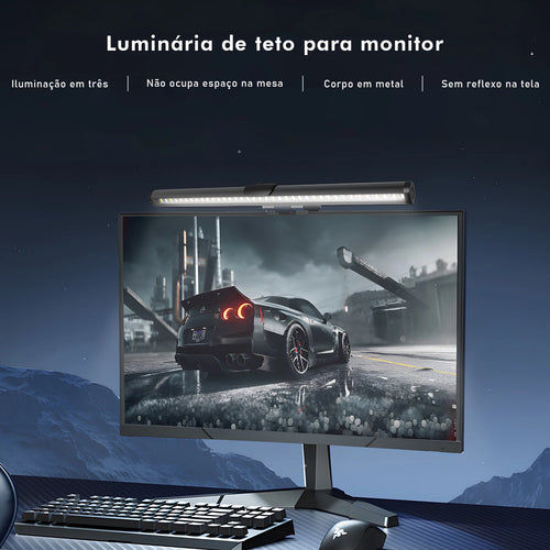 Barra de luz para monitor sobre uma tela mostrando um jogo, iluminando o teclado sem refletir na tela