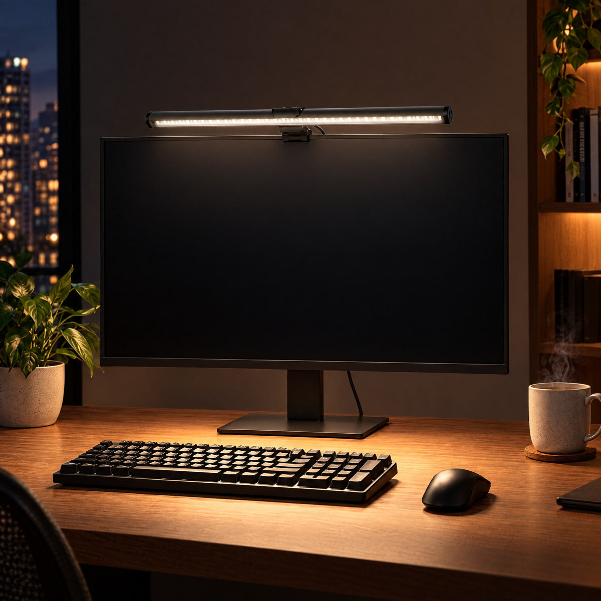 Barra de luz no monitor iluminando o teclado e a mesa à noite, sem reflexo na tela