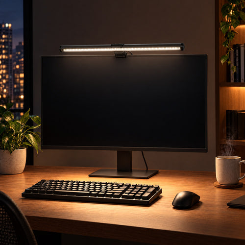 Barra de luz no monitor iluminando o teclado e a mesa à noite, sem reflexo na tela