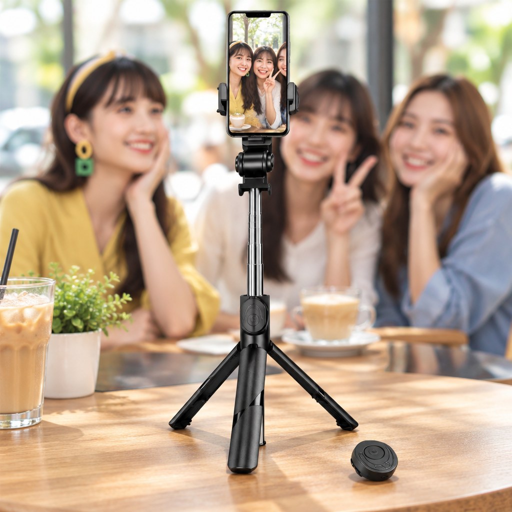 Tripé na mesa de um café fotografando um grupo de amigas